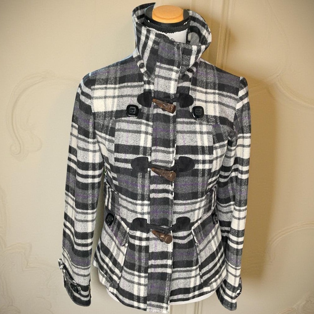 Hydraulic Pea Coat, Size SM paddington buttons, purple & black plaid, wool blend